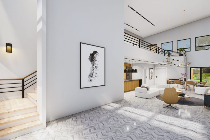Modern interior featuring sleek furnishings, large windows, and abundant natural light, creating a spacious atmosphere.