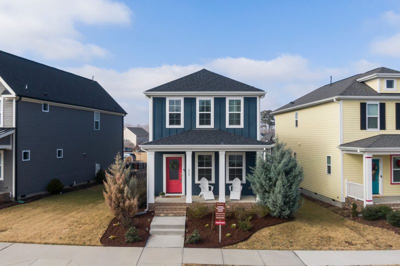 Aerial view of charming suburban homes with modern architecture in Wendell, NC.